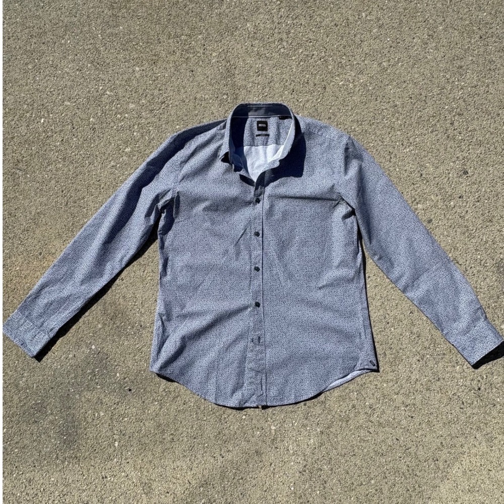 Hugo Boss Blue Micro Print Long Sleeve Button Down‎ Shirt Slim Fit sz XL Travel